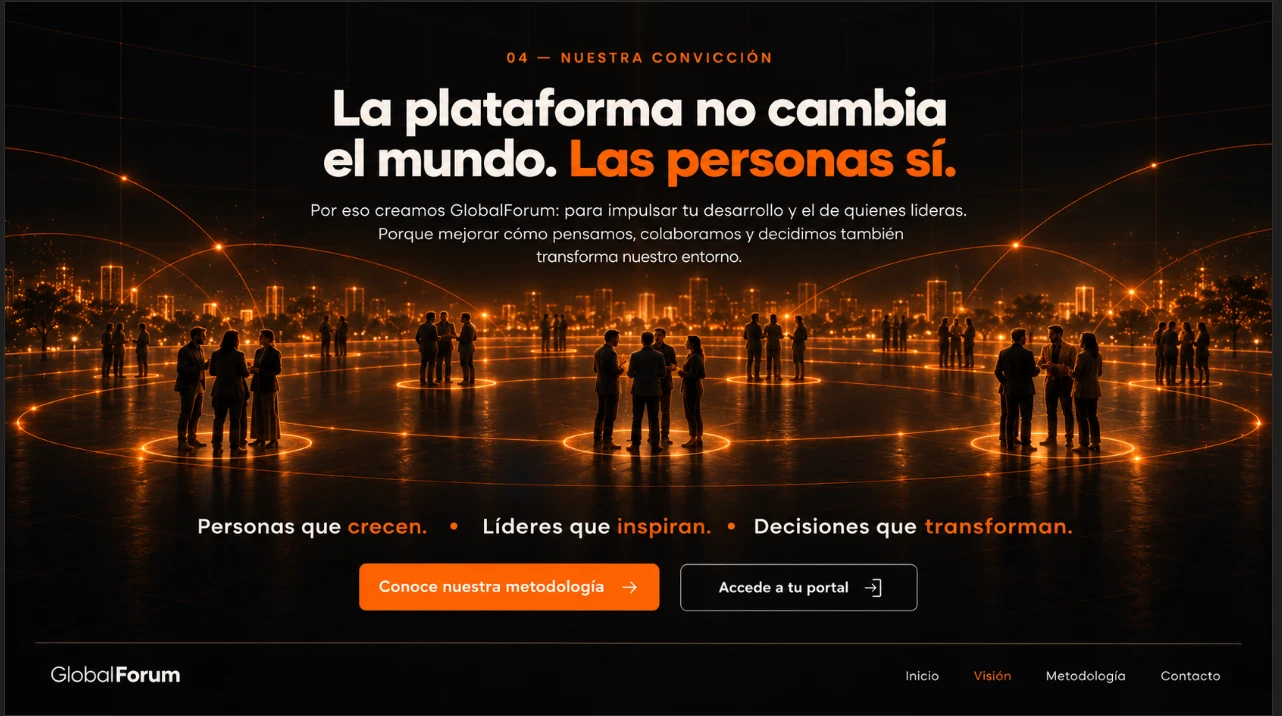 Grupos de personas conversan en círculos de luz frente a una ciudad iluminada.