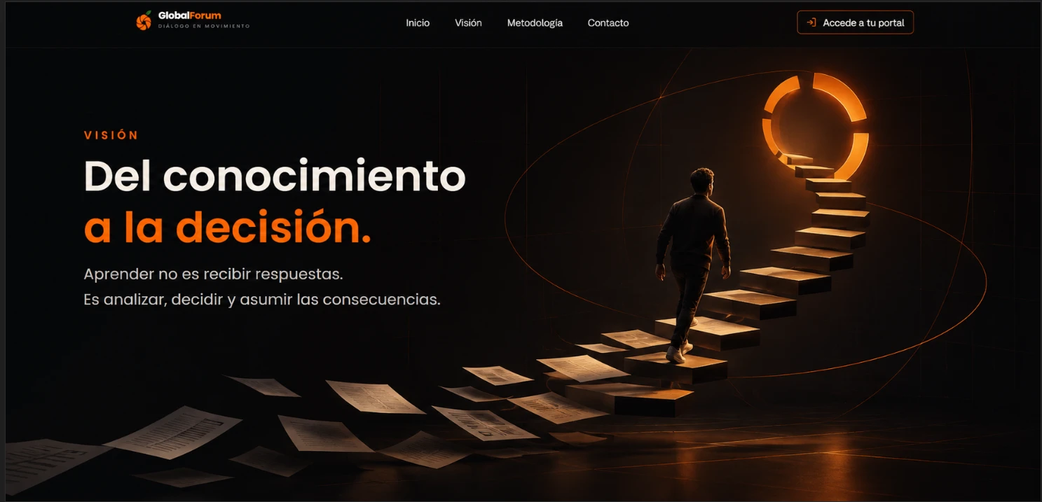 Una persona sube una escalera de papeles hacia un anillo de luz naranja.