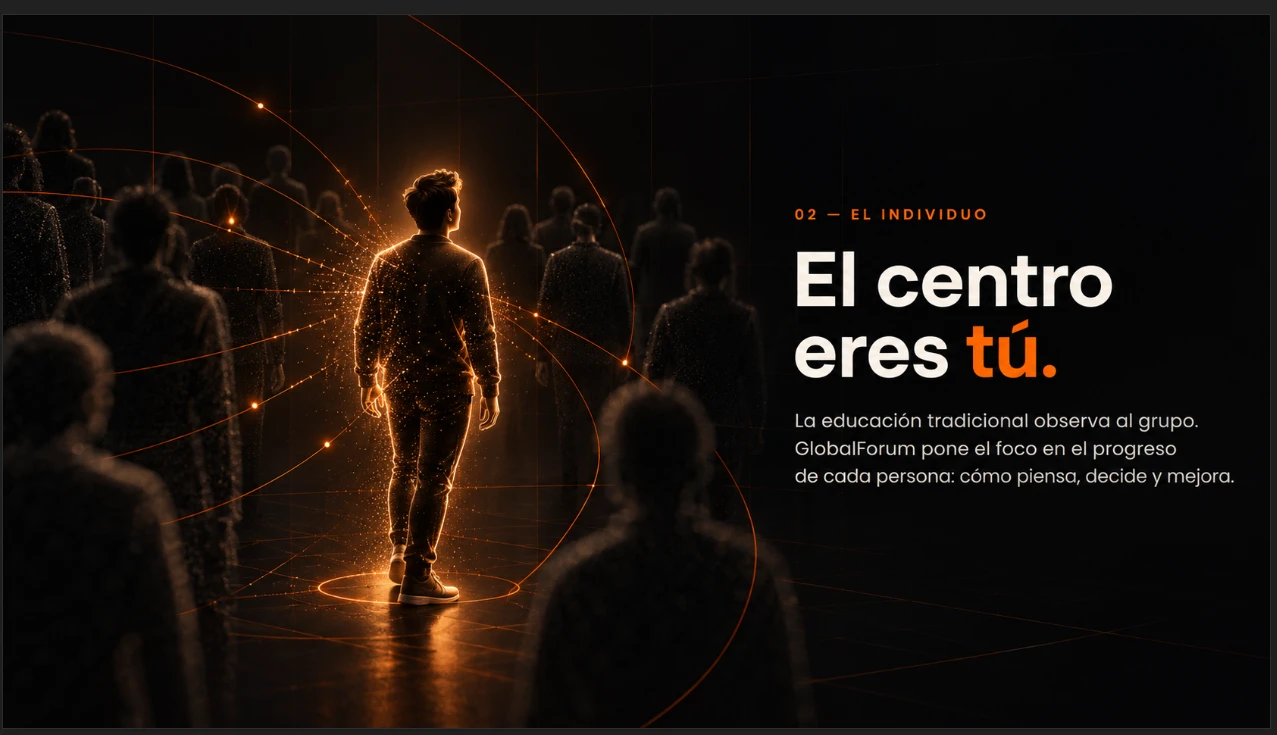 Entre una multitud en penumbra, una sola persona iluminada desde dentro.