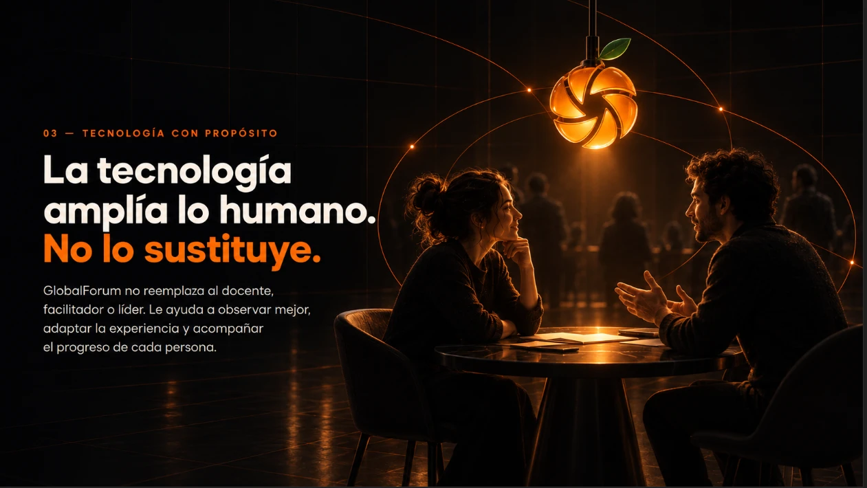 Dos personas conversan en una mesa bajo una lámpara con el símbolo de GlobalForum.